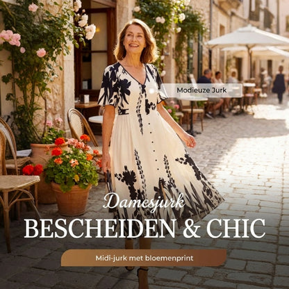 👗 50% KORTING NU! 🌿 Zachte Botanische Print V-Hals Midi Jurk – Elegant, Lichtgewicht & Veelzijdig voor Elke Gelegenheid 🌸
