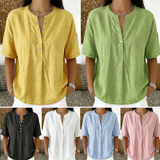 Dames Casual Losvallende Effen Top – Henley-knoping, Katoen- en Linnenmix