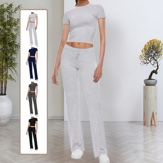 🎉2026 Nieuwe Producten Populaire Verkoop✨Dames Casual Effen Kleur T-shirt & Rechte Pijp Broek Set