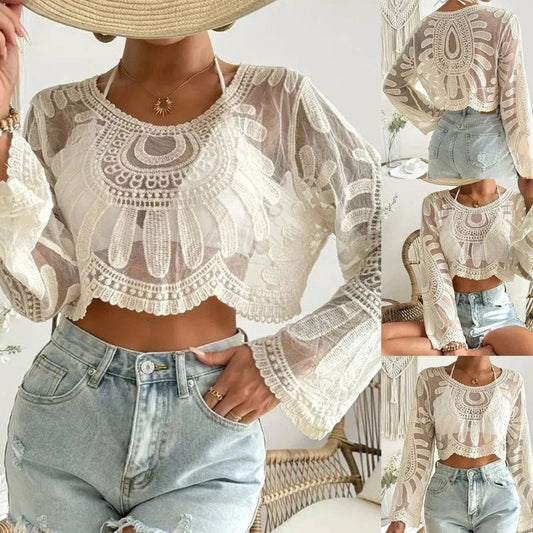 Dames Semi-Transparante Cover-Up met Geborduurde Bloemen | Schattige Lange Mouwen en Ronde Hals | Perfect voor Strandvakanties en Buitenplezier!