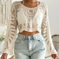 Dames Semi-Transparante Cover-Up met Geborduurde Bloemen | Schattige Lange Mouwen en Ronde Hals | Perfect voor Strandvakanties en Buitenplezier!
