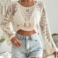 Dames Semi-Transparante Cover-Up met Geborduurde Bloemen | Schattige Lange Mouwen en Ronde Hals | Perfect voor Strandvakanties en Buitenplezier!