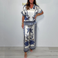 Elegante Gedrukte 2-delige Set voor Dames: V-hals Top en Broek
