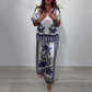Elegante Gedrukte 2-delige Set voor Dames: V-hals Top en Broek