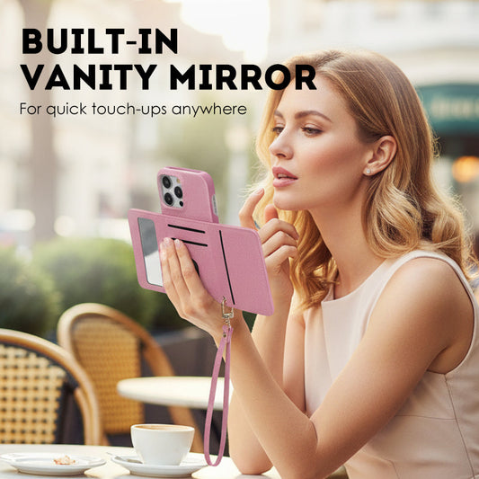 Beschermende roze portemonnee-telefoonhoes met spiegel en polsbandje
