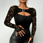 👚 50% KORTING!🔥 Dames Sexy Decolleté Kant Mouw Top – Stoere Gesp Detail, Stretchpasvorm & Romantische Doorzichtige Mouwen