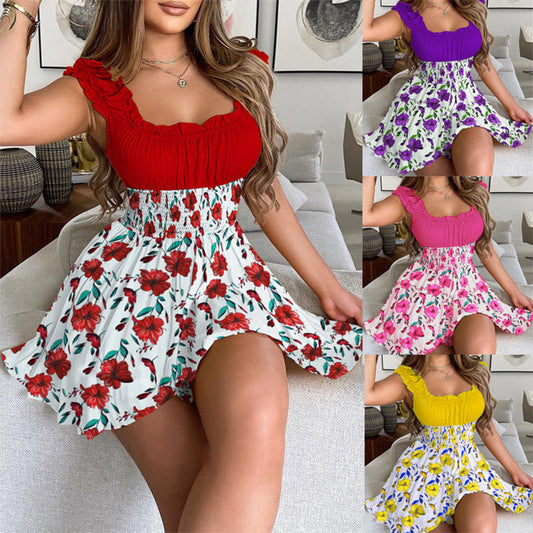 📢📢40% OFF !!!⏰Summer Floral Print Smocked Waist Mini Dress