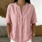Dames Casual Losvallende Effen Top – Henley-knoping, Katoen- en Linnenmix