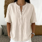 Dames Casual Losvallende Effen Top – Henley-knoping, Katoen- en Linnenmix