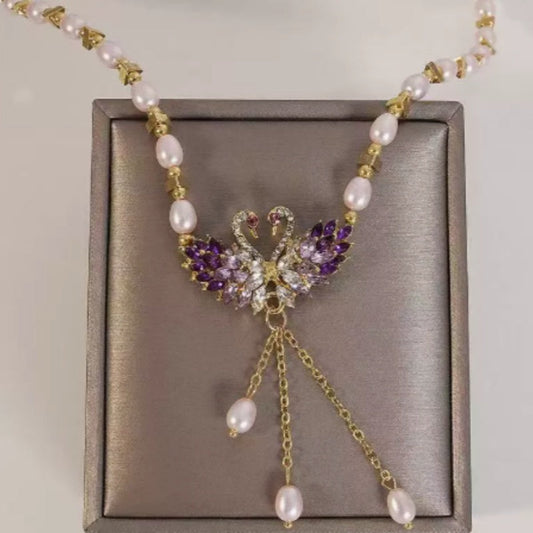 ✨ 50% KORTING 🔥 Paarse Dubbele Zwaan Hanger Ketting 🌹