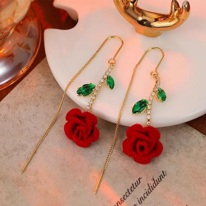 🌹✨💎 PROMO -50%! Rode Roos Threader Oorbellen met Kristallen Steel – Micro-Inleg & Romantisch Ontwerp (Goud met Groen)