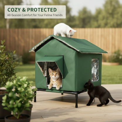 ⏳Tijdelijke Actie⏰ 🐈 Weerbestendig Verhoogd Buiten Kattenhuis – Waterdicht Oxford Doek, Thermische Aluminium Voering & Opvouwbaar Ontwerp 🌧️