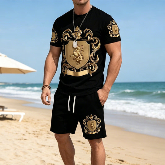 👕50% KORTING NU!👑 Heren Gouden Wapen Print T-Shirt & Shorts Set – Stijlvol, Ademend & Perfect voor Casual Zomerdagen of Sportieve Looks 🩳