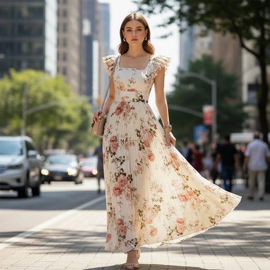 🌸2026 Nieuw Binnen🌸 👗 Elegante Bloemenprint Geplooide Maxi-jurk ✨– Romantische Vierkante Hals, Ruche Mouwen & Vloeiende Bloemrok🌷