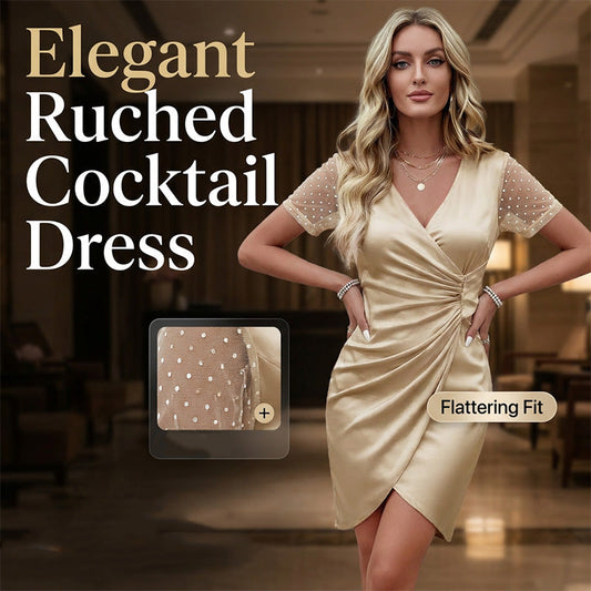 🍷 V-hals Cocktailjurk – Elegante Pasvorm met Mesh Mouwen & Asymmetrische Zoom 🎀
