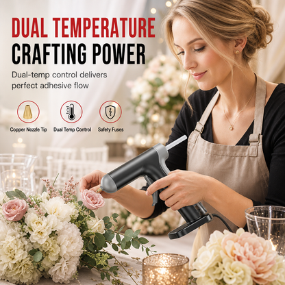 🔫 NU 50% KORTING! 🔥 Set met draadloos smeltlijmpistool – 2000 mAh-batterij, koperen spuitmond en 10 lijmsticks – twee temperatuurstanden voor knutselprojecten en thuisgebruik ✨